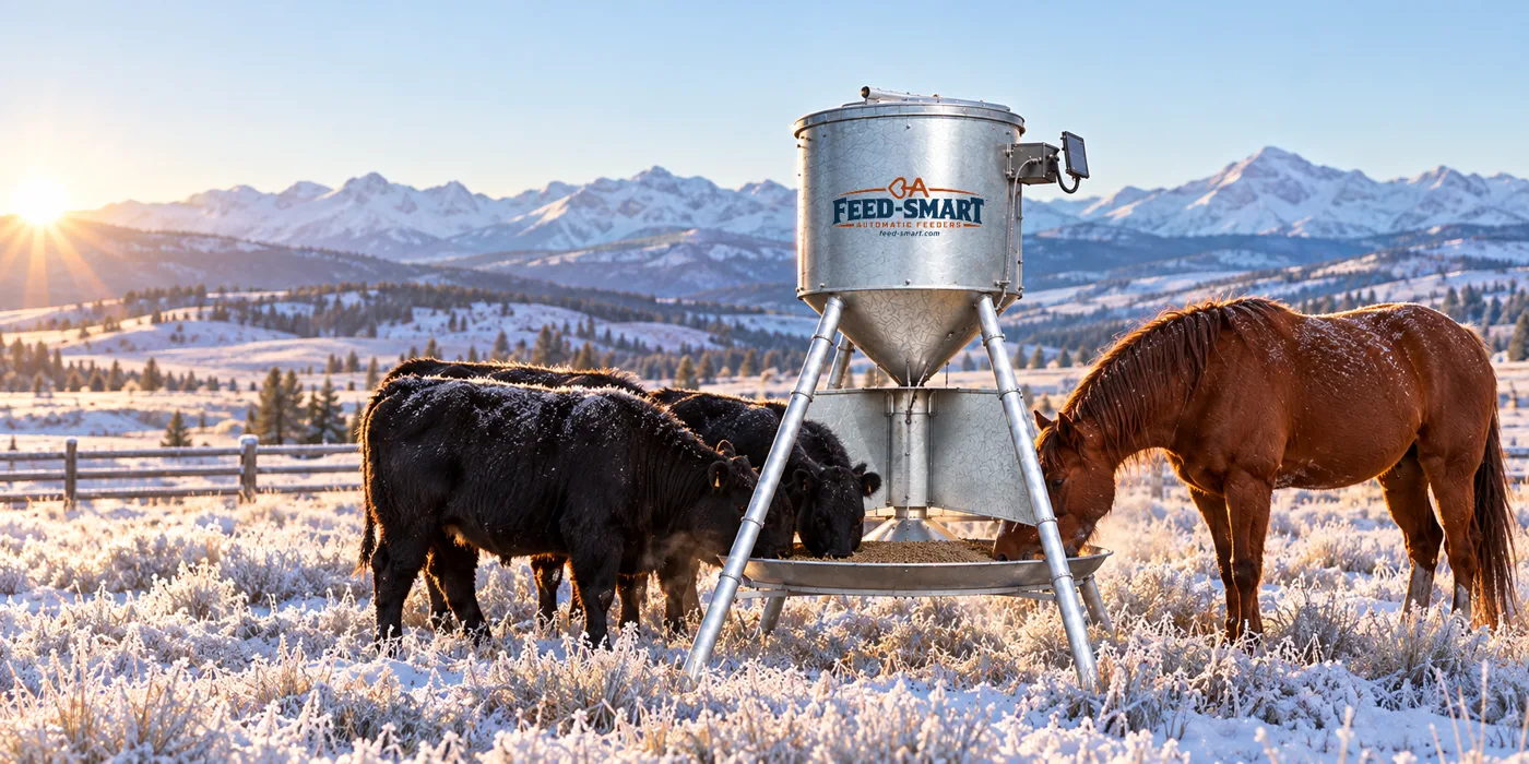 Black cattle and a sorrel horse eating from a Feed-Smart feeder in a frosty mountain pasture at sunrise